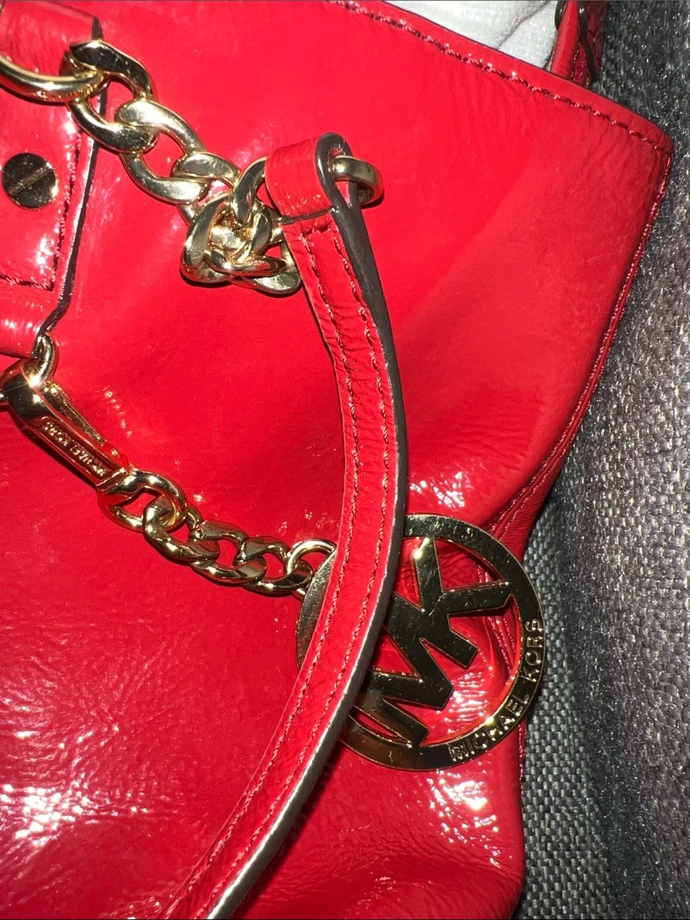 Michael Kors Shiny Red Patent Leather Shoulder Bag with Gold Chain Accents